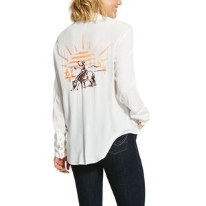 Ariat Shirt Womens sz M Snap Horse Cowboy White Tribal Talk Long Sleeve Top